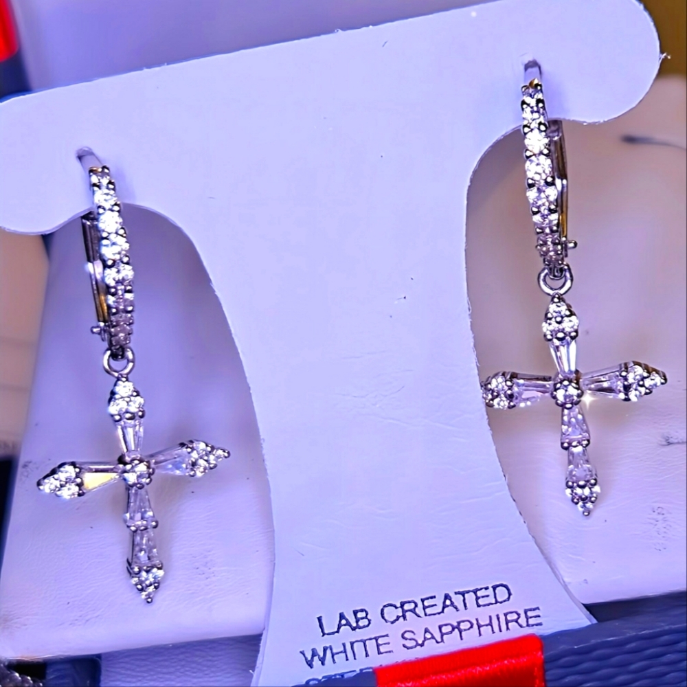 NWT Beautiful White Sapphire Drop Cross Earrings